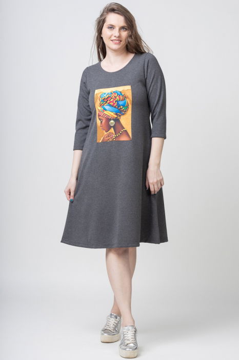 Rochie `A line` gri din jerseu, cu panou "Fata Africana" [1]