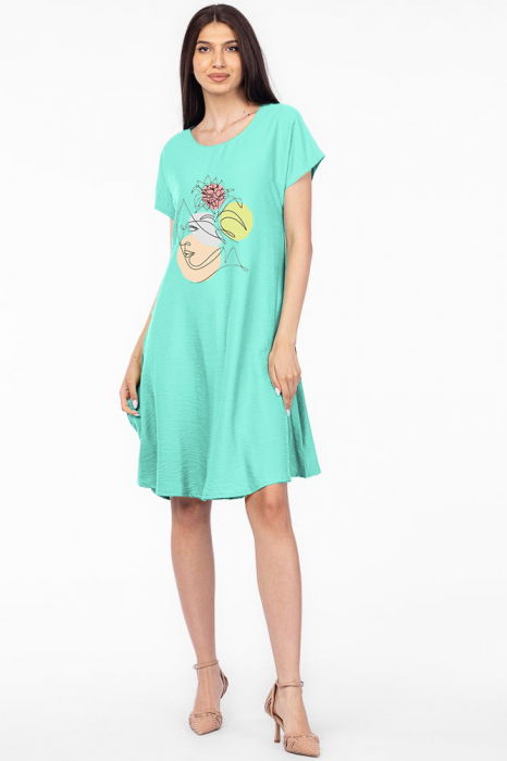Rochie `A line` verde menta din in mercerizat, cu imprimeu grafic chip [1]