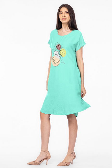 Rochie `A line` verde menta din in mercerizat, cu imprimeu grafic chip [2]