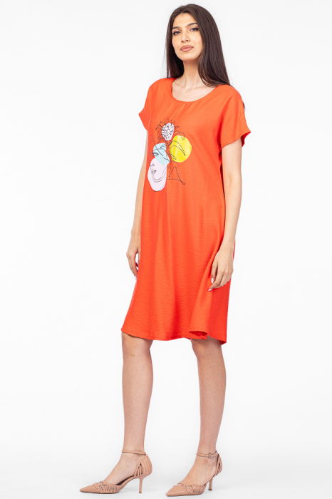 Rochie `A line` corai din in mercerizat, cu imprimeu grafic chip [2]