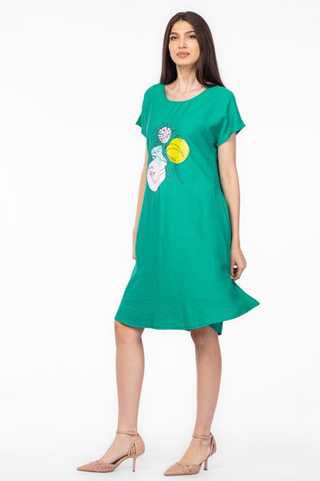 Rochie `A line` verde din in mercerizat, cu imprimeu grafic chip [2]