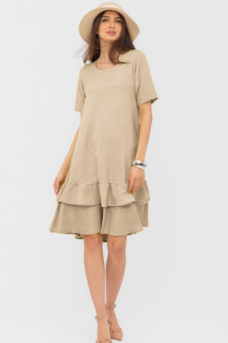 Rochie bej `A line` midi, cu doua volane poale, din in mercerizat [2]