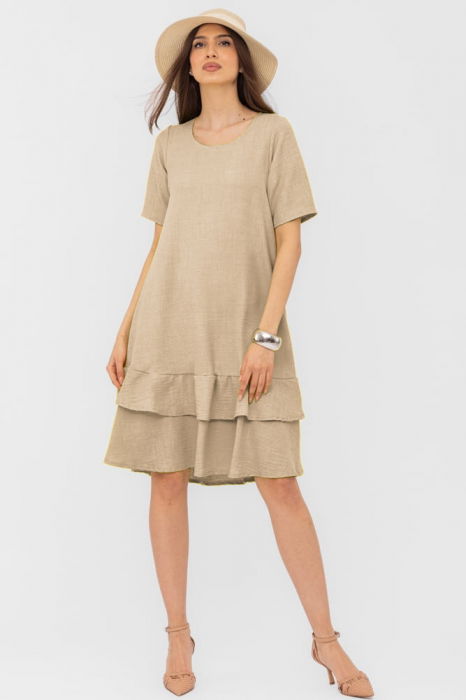 Rochie bej `A line` midi, cu doua volane poale, din in mercerizat [1]