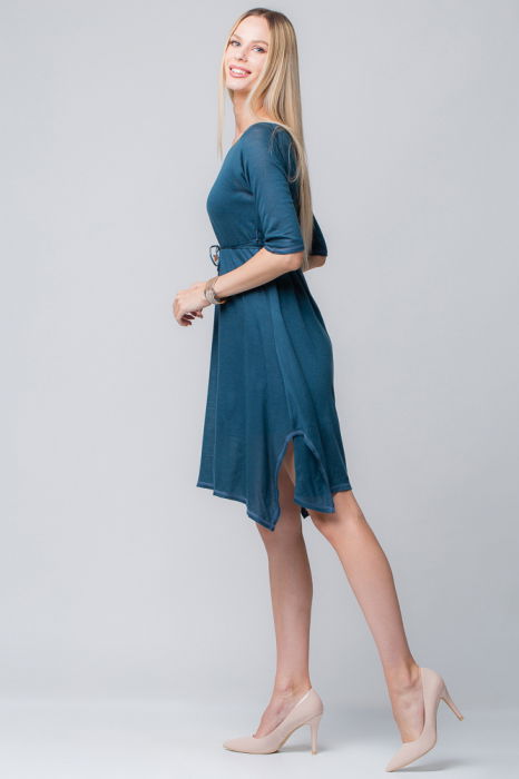 Rochie albastra din jerse cu floricele din piele pe cordon [2]