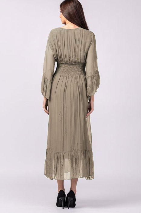 Rochie bej inchis din matase si vascoza cu banda elastica in talie si volane [3]