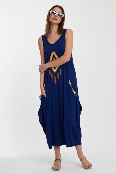 Rochie albastra fara maneci, cu broderie, din tricot de vascoza [11]