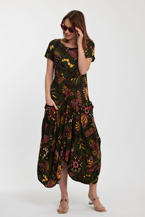 Rochie kaki, lalea, in colturi, cu imprimeu, din vascoza [5]