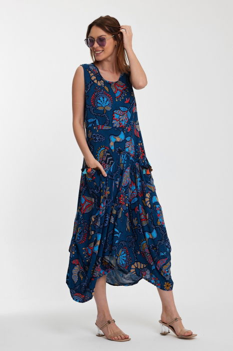 Rochie fara maneci albastra, lalea, in colturi, cu imprimeu, din vascoza [3]