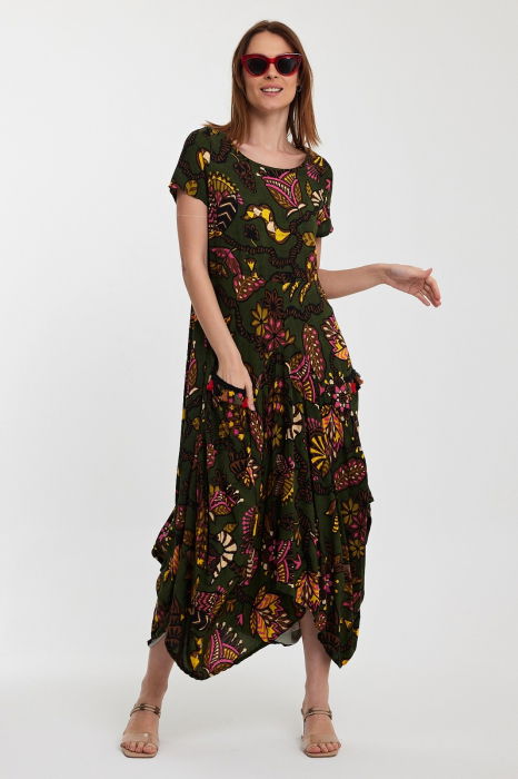 Rochie kaki, lalea, in colturi, cu imprimeu, din vascoza [2]