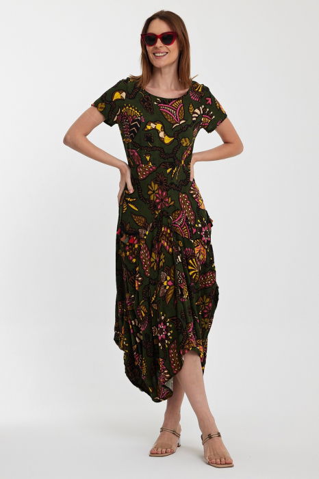 Rochie kaki, lalea, in colturi, cu imprimeu, din vascoza [3]