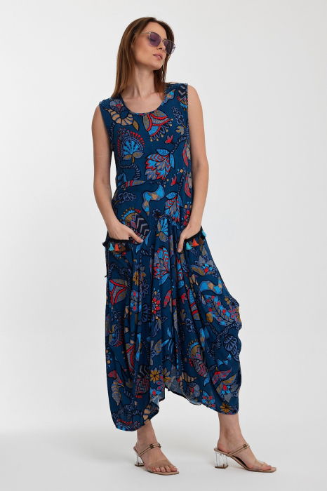 Rochie fara maneci albastra, lalea, in colturi, cu imprimeu, din vascoza [7]