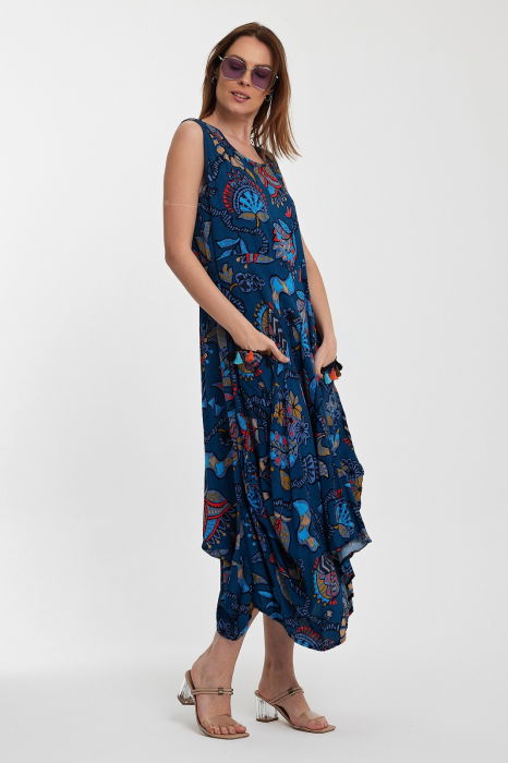Rochie fara maneci albastra, lalea, in colturi, cu imprimeu, din vascoza [5]