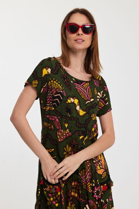 Rochie kaki, lalea, in colturi, cu imprimeu, din vascoza [9]