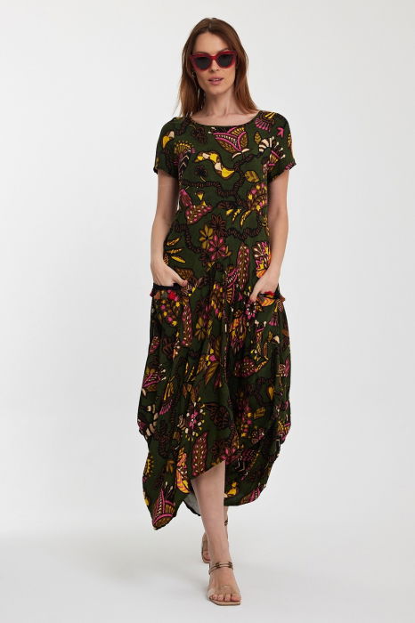 Rochie kaki, lalea, in colturi, cu imprimeu, din vascoza [1]