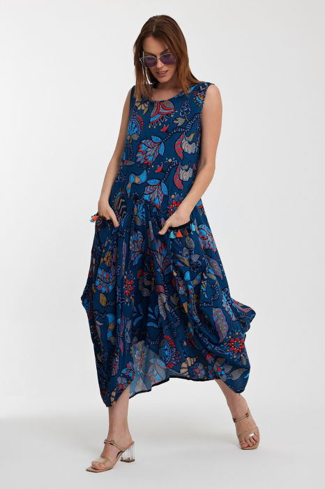 Rochie fara maneci albastra, lalea, in colturi, cu imprimeu, din vascoza [2]