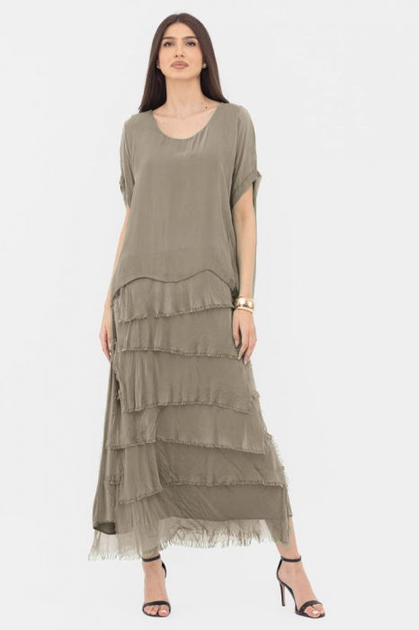 Rochie bej inchis din matase si vascoza cu  volane franjurate suprapuse [2]