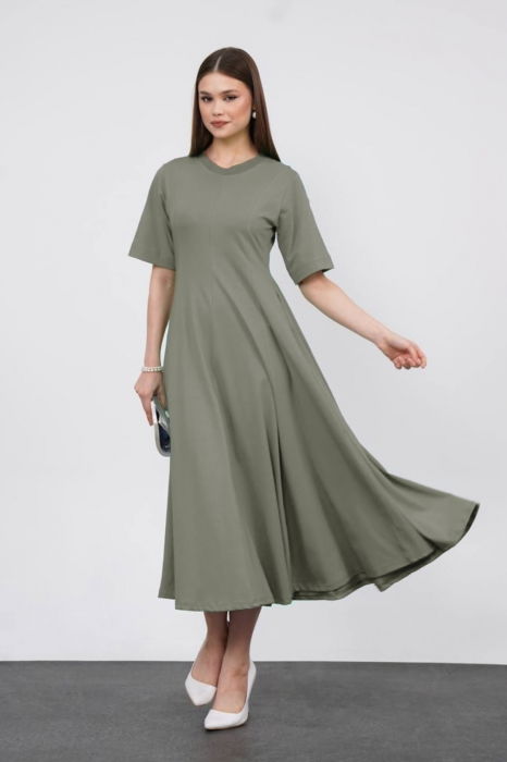 Rochie ampla, lunga clos, din jerseu de bumbac, kaki