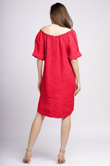 Rochie midi din in fucsia inchis, cu decolteu pe elastic [3]