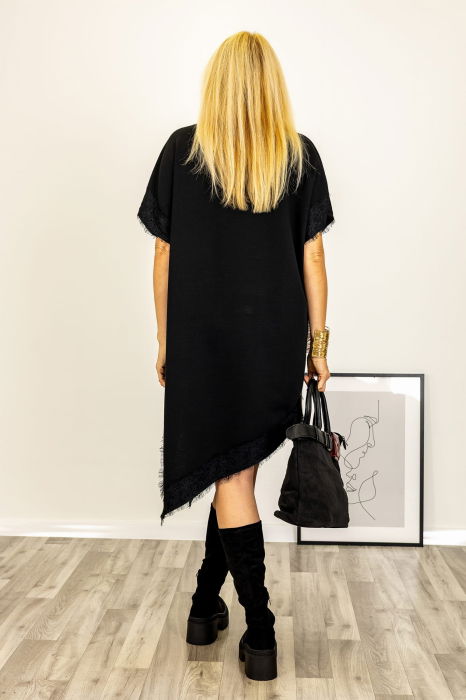 Rochie neagra asimetrica midi cu dantela si maneca scurta [4]