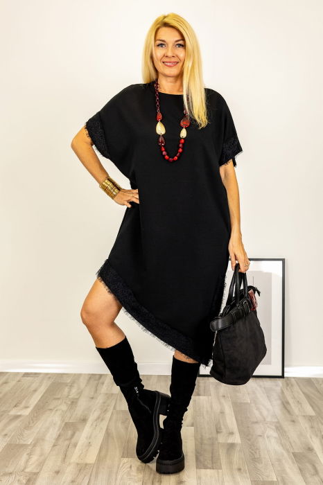 Rochie neagra asimetrica midi cu dantela si maneca scurta [1]