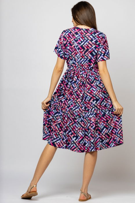 Rochie babydoll midi, cu imprimeu geometric pe fond mov - bleumarin [4]