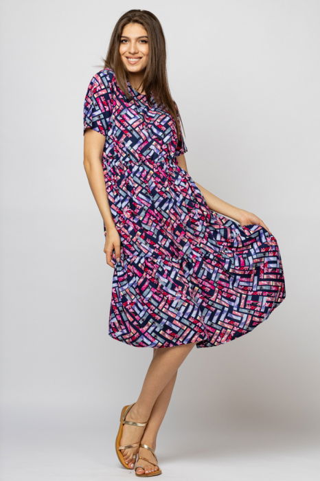 Rochie babydoll midi, cu imprimeu geometric pe fond mov - bleumarin [2]