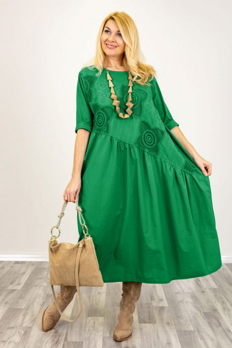 Rochie verde oversize, cu taietura oblica si broderie, din poplin si jerseu [2]