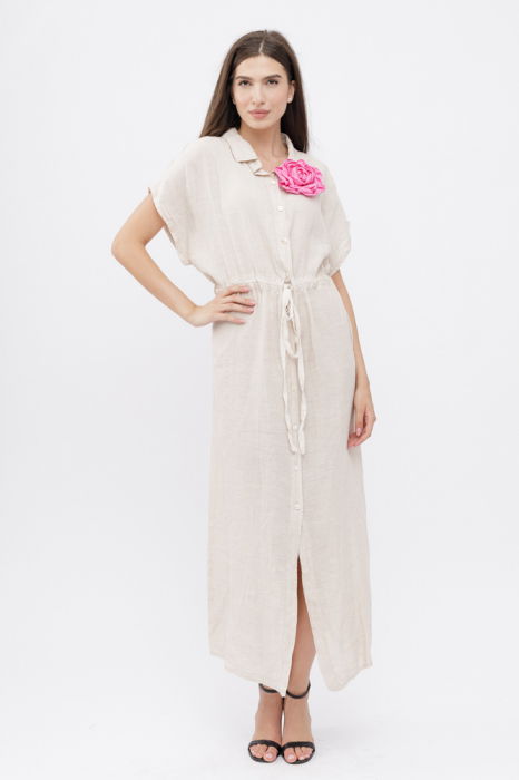 Rochie camasa, din in, cu snur in talie, bej