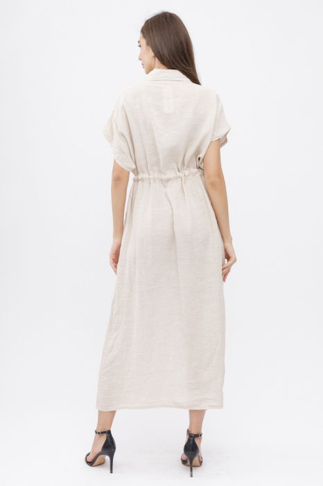 Rochie camasa, din in, cu snur in talie, bej [3]