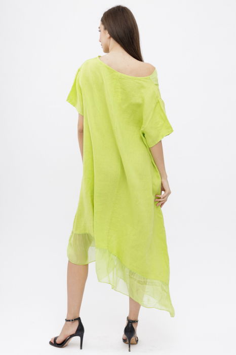 Rochie verde praz usor asimetrica A-line, din in cu guler si volan din matase, oversize [4]