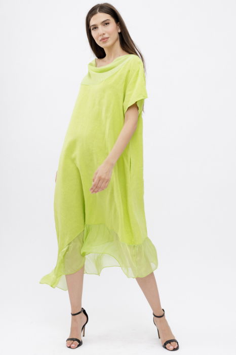 Rochie verde praz usor asimetrica A-line, din in cu guler si volan din matase, oversize [2]