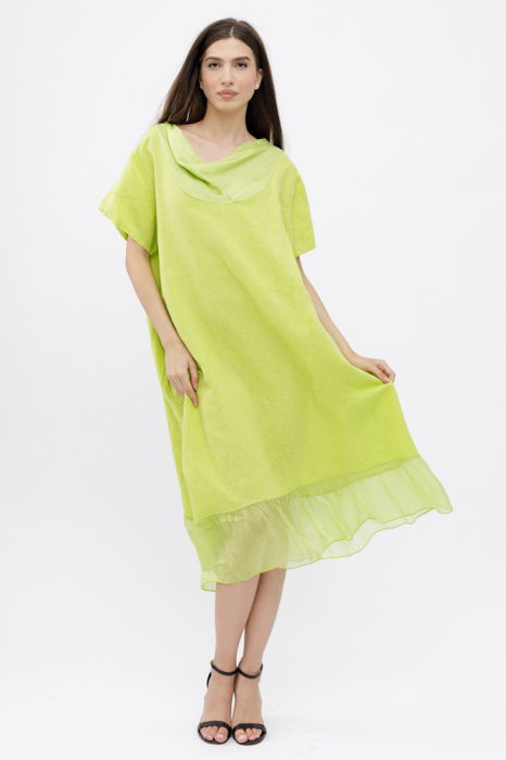 Rochie verde praz usor asimetrica A-line, din in cu guler si volan din matase, oversize