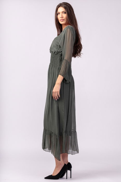 Rochie kaki din matase si vascoza cu banda elastica in talie si volane [3]