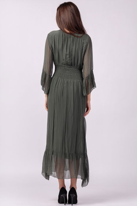 Rochie kaki din matase si vascoza cu banda elastica in talie si volane [4]