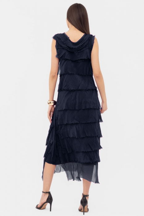 Rochie bleumarin din matase si vascoza cu  volane franjurate suprapuse, fara maneci [3]