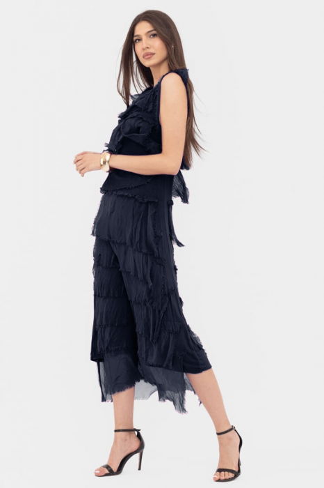 Rochie bleumarin din matase si vascoza cu  volane franjurate suprapuse, fara maneci [2]