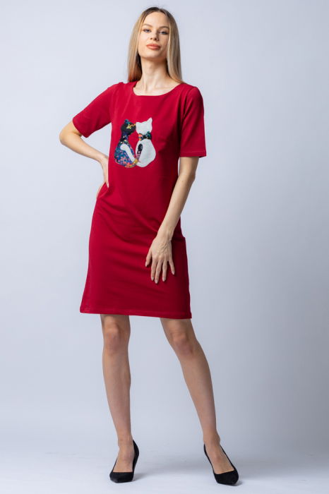 Rochie din tricot de bumbac bordo cu doua pisici aplicate pe piept [1]
