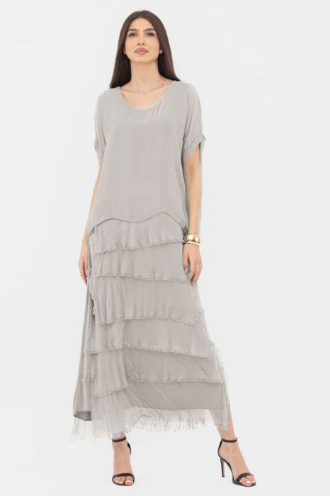 Rochie gri deschis din matase si vascoza cu  volane franjurate suprapuse [2]