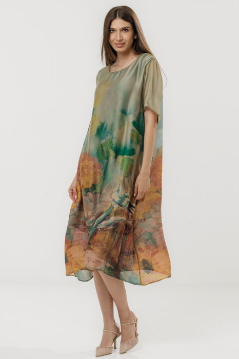 Rochie eleganta satinata A-line cu croiala lejera si imprimeu floral in tonuri bej-verde-oranj [2]