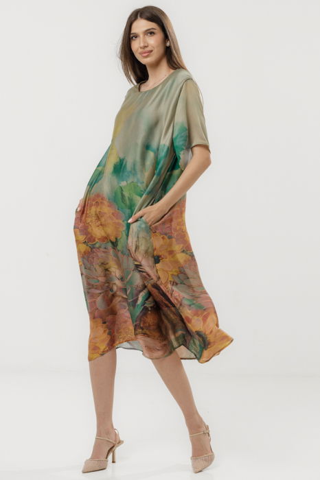 Rochie eleganta satinata A-line cu croiala lejera si imprimeu floral in tonuri bej-verde-oranj [3]