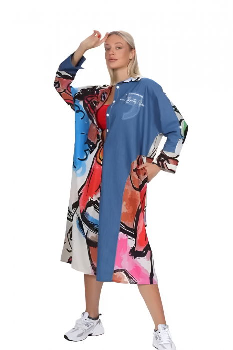 Rochie camasa oversize, cu insertie jeans si imprimeu abstract [1]