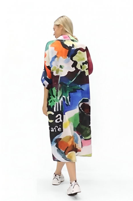 Rochie camasa oversize, cu insertie jeans si imprimeu abstract [2]