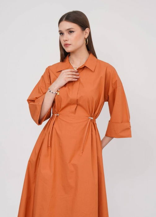 Rochie lunga tip camasa din poplin satinat de bumbac, caramizie [7]