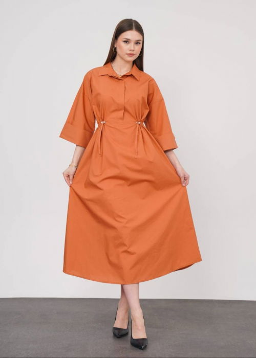 Rochie lunga tip camasa din poplin satinat de bumbac, caramizie [2]