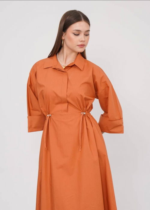 Rochie lunga tip camasa din poplin satinat de bumbac, caramizie [8]