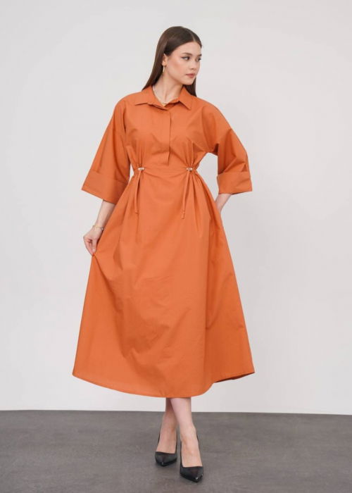 Rochie lunga tip camasa din poplin satinat de bumbac, caramizie [4]