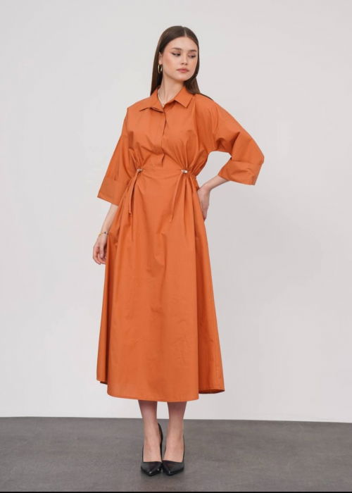 Rochie lunga tip camasa din poplin satinat de bumbac, caramizie [3]