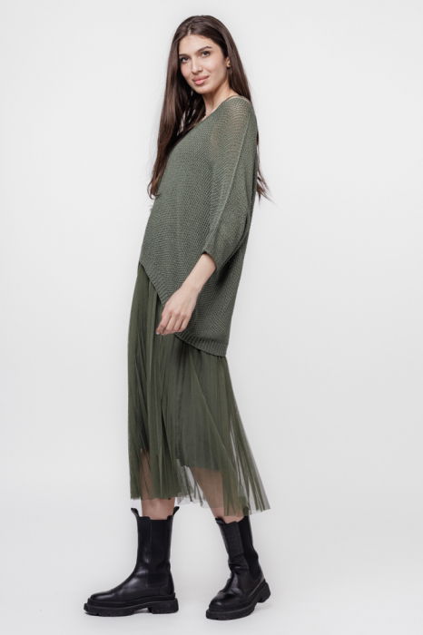 Rochie suprapusa cu puloveras si tulle plisat, kaki [2]