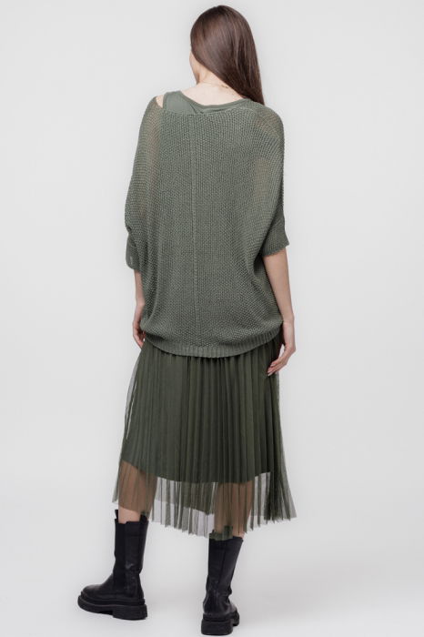 Rochie suprapusa cu puloveras si tulle plisat, kaki [3]