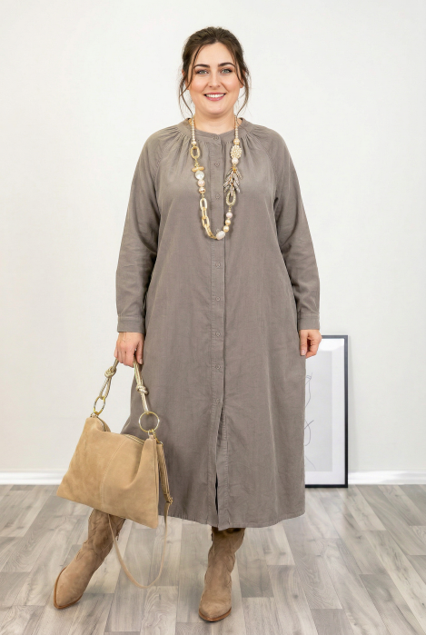 Rochie camasa din catifea reiata, croiala lejera si design versatil, bej inchis